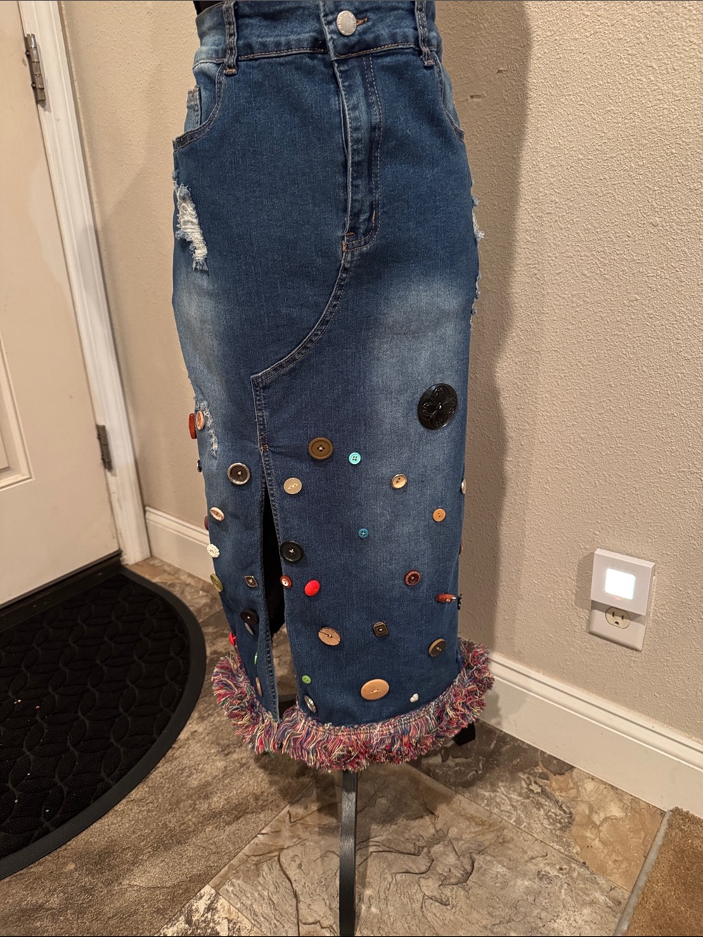 Embellished Blue Denim Midi Skirt with Fringe Hem